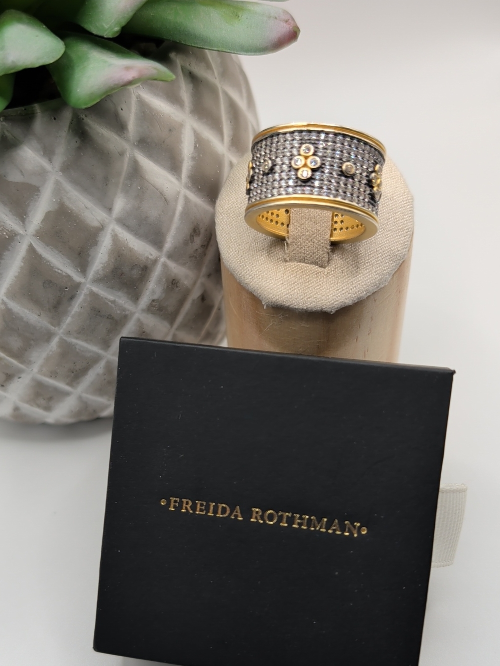 Freida Rothman Gold and Black Rhodium Clover Pavé Ring